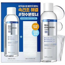 Wellage Real hyaluronic 100 Toner Special Set for face, Korean Beauty Toner, 93% Hyaluronic Acid Water, Hydrating for Dry Skin - Deep, Quick Absorption, 10.1 fl.oz., Cotton Pads (60ea)