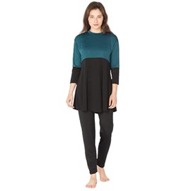 Women's 2-Piece Swimwear with UPF 50+ Sun Protection, 3/4 Sleeve Performance Active Bathing Suit Burkini, Modest Swimwear for Women with Full Coverage Swim Top and Leggings (Small/Medium) Black