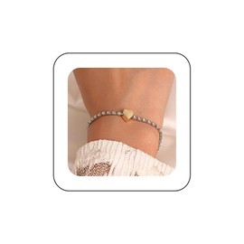 Iaceble Vintage Love Heart Bracelet Silver Tennis Chain Bracelet Sparkling Crystal Bracelets Tennis Cz Bangle Bracelet Gold Heart Hand Chain Bracelet Adjustable Rhinestone Bracelet Jewelry (Heart)