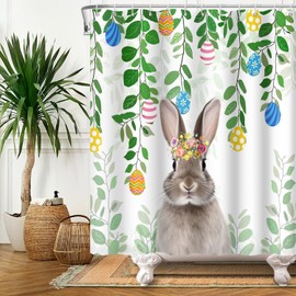 DASHAN Spring Easter Shower Curtain Green Leaves Shower Curtains for Bathroom Bunny Bathroom Curtain Easter Eggs Bathroom Decor Easter Plants Shower Curtain 72"x72"