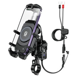 BRCOVAN Motorcycle Phone Mount Holder with Qi 15W Wireless Charger & 30W PD/USB-C Fast Charging Port, Anti-Theft Handlebar Cellphone Cradle with Vibration Dampener, Adjustable for 5.4-7.2'' Smartphone