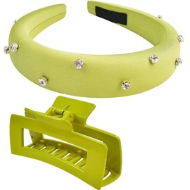 ADERTOS Women's Headband Satin Headband with Rhinestones Green Wide Hair Band Fashionable Headband and Hair Clip Rectangular Hair Clips Headpiece for Women and Girls