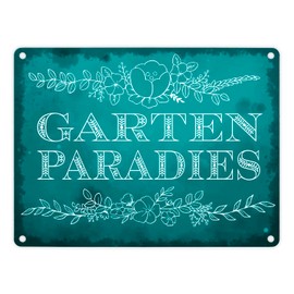 Gartenparadies Metal Sign 15 x 20 cm in Turquoise with Floral Ornaments as a Pretty Decoration for Your Own Garden, Allotment or Terrace for Everyone with Green