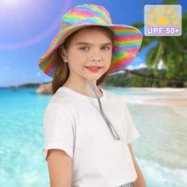 MHJY Grils Sun Hat Kids Summer Hats Bucket Hat UV Protective Swim Beach Hat Rainbow Toddler Adjustable Chin Strap Cap Neck Protection 2-8 Years