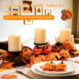 Mumufy Fall Centerpiece Thanksgiving Table Decorations Artificial Pumpkins Pine Cones Maple Leaves and Berries Flameless Remote Control Timer 3 Holder Fall Decorations (LED Candle Included)