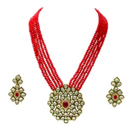 JewarHaat Necklace Set Red Crystal Layered Chain/Mala Gold Plated Pearl Ad Cz Pendant Gold Tone Kundan Inspired Meena Work Long Rani Haar With Matching Earrings For Women And Girls, Brass, Cubic Zirconia