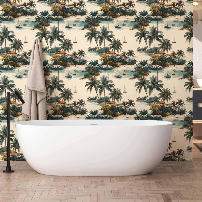Tropical Coastal Peel and Stick Wallpaper, Palm Tree and Island