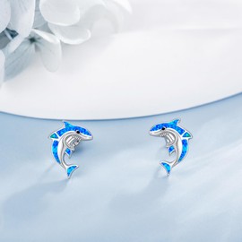 DAYLINLOVE Shark Earring 925 Sterling Silver Opal Shark Stud Earrings Ocean Beach Jewellery Gifts for Women, No Gemstone