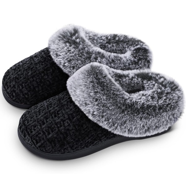 Women's House Slippers with Fuzzy Plush Faux Fur Collar, Memory Foam Slip on House Shoes with Indoor Outdoor Anti-Skid Rubber Sole, Black, 7-8