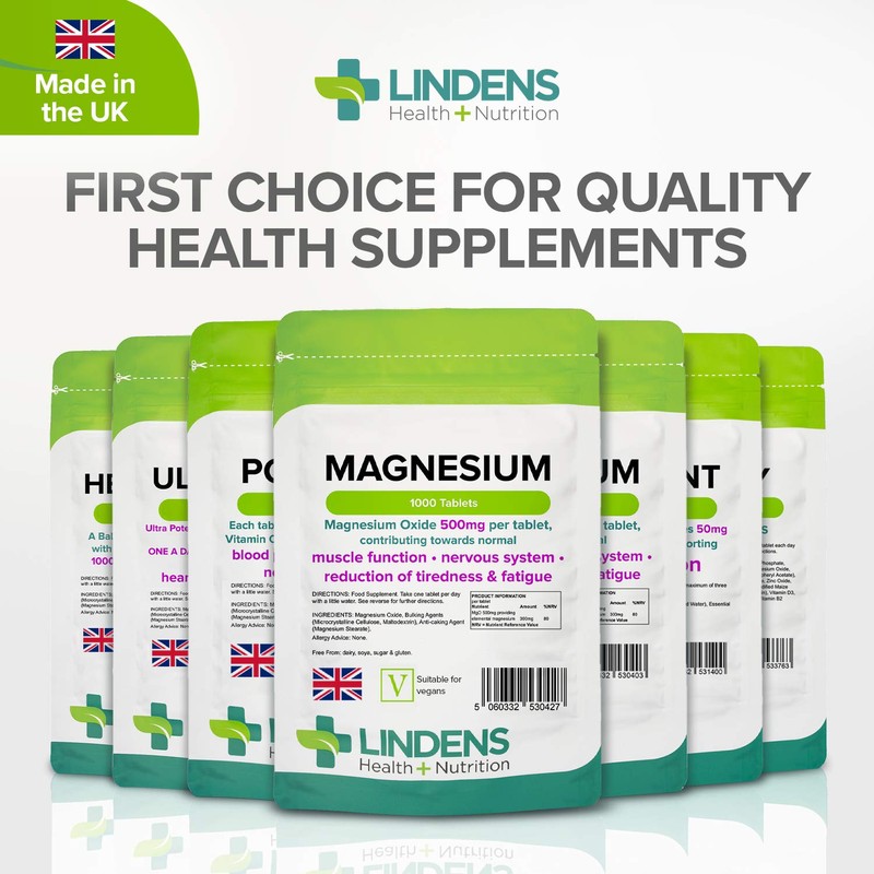 Lindens Magnesium Tablets 500mg, 1000 Tablets - Reduces Tiredness &