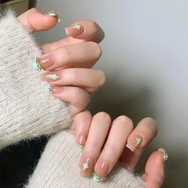 Press on Nails Square Medium Length Glossy Full Cover Acrylic Square Shaped Green French False Nails with Star Rhinestone Designs Artificial Short Coffin Fake Nails with Glue ons Fingernails for Women