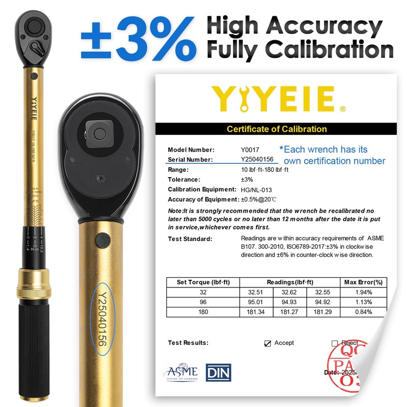 YIYEIE 22PCS Torque Wrench Set 1/2" Drive, 10-180 ft.lb/13.6-244.1 Nm,