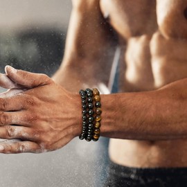 Crgwxzl 4PCS Cross Bead Bracelet for Men,4mm 6mm 8mm Black Obsidian, Lava Rock, Hematite Healing Crystal Beaded Bracelets,Natural Protection Stone Bracelets Jewelry Gifts for Men Women