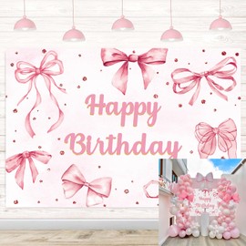 Coquette Happy Birthday Backdrop Banner Pink Bow Birthday Party Photography Background Cute Girls Women Bachelorette Party Baby Shower Decoration Background (6X4FT (180x120cm))