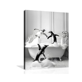 OWNANRTHM Funny Animals Bathroom Canvas Wall Art Penguin in Bathtub Wall Art Funny Animal Bathroom Painting Black and White Animal Bathroom Pictures for Bathroom Restroom Wall Decor Framed 8X10 inch