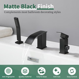 Waterfall Roman Tub Faucet with Hand Shower Bathtub Faucets Set Deck Mount Bathtub Faucet with Hand Shower Widespread Bathtub Shower Faucet Set Single Handle 3 Hole Tub Filler with Sprayer Matte Black