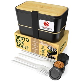 Umami Bento Box Adult All-in-1 w/ 4 Utensils, 100% Leakproof, Dishwasher & Microwave Safe Lunch Containers for Adults w/ 4 Compartments, Black & Tan, 50 oz