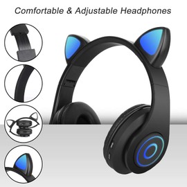 Sendowtek Bluetooth Over-Ear Kopfhörer Schwarz Mädchen Katzenohr Kopfhörer RGB-licht Faltbare Stereo Kabellose Kopfhörer Headset für Kinder Teleskopmikrofon mit Geräuschunterdrückung für Laptop/PC/TV