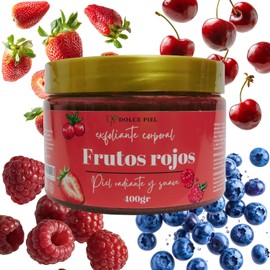 Exfoliante Corporal de Azúcar Orgánica con Manteca de Karité, Aceite de Coco, Vitamina E y Extracto de Frutos Rojos, Exfolia e Hidrata la Piel, 400 Gramos