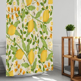 KAIRA Fresh Lemon Pattern Shower Curtain, Fruits Green Leaves Plant Design Waterproof Fabric Bathroom Curtains Set, with Hooks, 72" W x 72" L, Easy to Clean, Quick-Drying Bathroom Decor