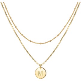 Minegreet Gold Initial Necklaces for Women,16K Gold Filled Hammered Gold Coin Necklaces for Women Initial Necklace Layered Initial Necklaces for Women Teen Girl Jewelry(M)