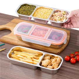 Briuhap Stainless Steel Snack Container, 3 Compartments with Lids, Leak-resistant Food Storage for School, Travel