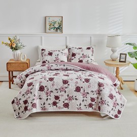 Shxime Floral Quilt Set 3 Pieces Queen Size Pink with Purple Rose Botanical Spring Flower Quilt Bedding Set, Microfiber Lightweight Bedspread, Coverlet Set for All Seasons