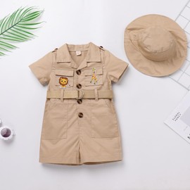 Wild One Birthday Outfit Girl Short Sleeve Khaki Safari Jumpsuit with Safari Hat Baby Safari Outfit Zookeeper Costume Jungle Safari theme Photo Shoot Outfits Khaki 6-12 Months