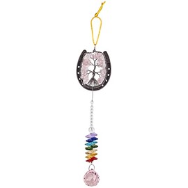 KYEYGWO Rose Quartz Horseshoe Rainbow Suncatcher with Gemstone Tree of Life Hanging Decoration, Stone Wall Hanging Ornament Handmade Crystal Hanging Decoration Window Decoration