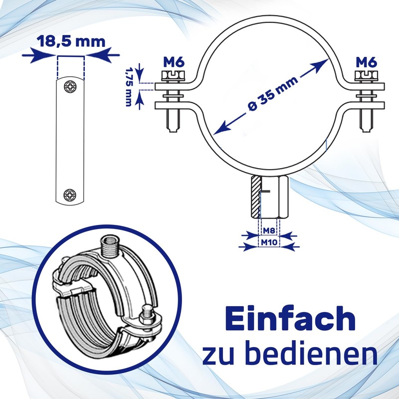 Reinforced Pipe Clamps M8/M10 with Rubber Seal and Diameter 35