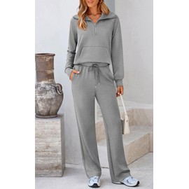 Potany Women 2 Piece Half Zip Sweatsuit Fall Outfits 2024 Casual Sweatshirt Wide Leg Sweatpants Matching Lounge Set Tracksuit(Grey,XL)