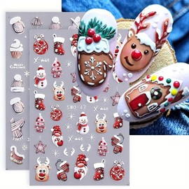 Christmas Nail Art Stickers 2Pcs Xmas Decals Elk Snowman Design Cute Red Pink Self Adhesive Winter Art Supplies for Women Manicure Decorations