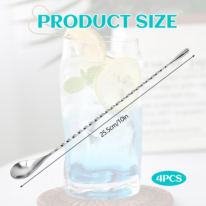 4PCS Stainless Steel Cocktail Bar Spoon Set, 10Inch Spiral Stirrers,