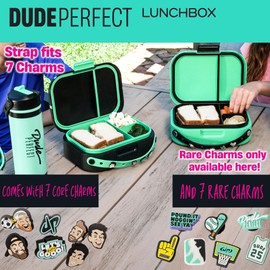 Dude Perfect Lunch Box with Rare Charms | Bento Box with Snap Tight Lid | Removable Inner Tray and Adjustable Divider | NOGGZ for Custom Carry Strap | 3 Compartments | Sports Kids | Teal