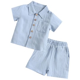 Happy Cherry Baby Boys Linen Two Piece Outfits Short Sleeve Solid Soft Shorts Set Cotton Plain Button Down Outfits 2PCS Breathable Shirts and Elastic Waist Shorts Light Blue 6-12M