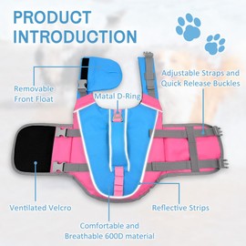 Kosgraiy Dog Life Jacket with Removable Front Float,High Buoyancy Adjustable Dog Life Vest,Pet Safety Swim Vest with Rescue Handle for Swimming and Boating,Blue,S