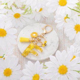 MWOOT Letter Keychain Initial Keyring Letter, Alphabet Resin Flower Key Chain with Daisy Bee Tassel Pendant Handbag Purse Charm, Yellow Petal Keyring for Women, Yellow-f