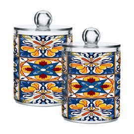 Kigai Mexican Floral Ceramic Print Qtip Holder 14OZ Clear Plastic Apothecary Jars Bathroom Canister Dispenser Organizer Vanity Storage Jar with Lid for Cotton Ball, Cotton Swab, Floss (2PACK)