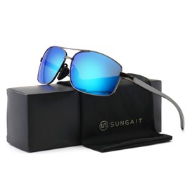 SUNGAIT Ultra Lightweight Rectangular Polarized Sunglasses UV400 Protection (Gunmetal Frame Blue Mirror Lens, 62) Metal Frame 2458 QKLA