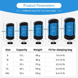 OMVMO Sleeping Bag Stuff Sack, 11L/18L/30L/45L/52L Water-Resistant Compression Sack,Anti-Tear Ultra Light Nylon Storage Bag，Black/Yellow/Orange/Dark Blue/Dark Green/Sky Blue (Sky Blue, XL/46L)