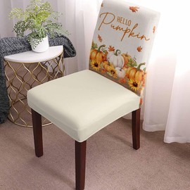 Dining Room Chair Covers, Thanksgiving Hello Pumpkin Maple Leaf Sunflower Autumn Wood Grain Vintage Stretch Parsons Chair Slipcovers Removable Kitchen Chair Protector Cover for Dining Room， Set of 6