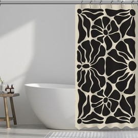 Black Floral Mid Century Shower Curtain, 36x72 Inch Waterproof Polyester