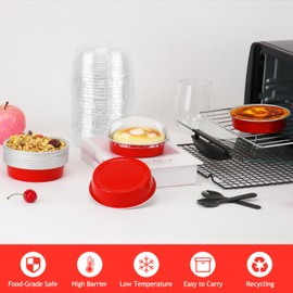 LNYZQUS - Mini moldes para tartas de 4 pulgadas con tapas, paquete de 50, moldes desechables de papel de aluminio para hornear, platos pequeños de crema Brulee Tarta Ramekins individuales para