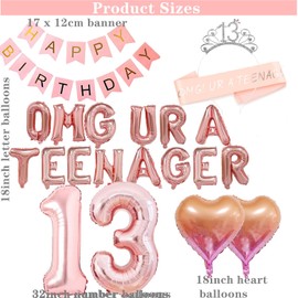 13th Birthday Decorations Thirteen Teenager Birthday OMG UR A Teenager Balloons 13th Birthday Tiara Teenager Sash Happy Birthday Banner for 13 Year Old Teen Girls Birthday Party Supplies (Rose gold)