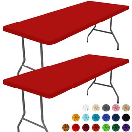 Moosfor Spandex Picnic Table Cloth 2 Pack, Elastic Fitted Tablecloths for 6 Foot Rectangle Tables, Stretch Washable Patio Table Cover for Camping, Christmas & New Year Parties (Red, 30"x72")