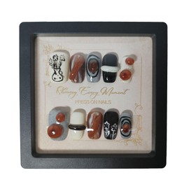 Short Coffin Press on Nails Handmade False Nails with Designs, 3D Hand-painted Reusable Fake Nails Stick on Nail (Grey Brown, M)