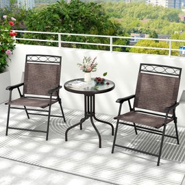 Tangkula 3 Piece Outdoor Bistro Set, Patio Round Bistro Table and Folding Chairs Set of 2 with 1.57” Umbrella Hole, Rippled Tempered Glass Tabletop, Small Patio Furniture Dining Set for Porch, Balcony