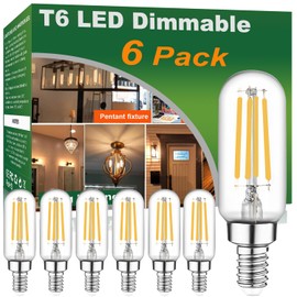 Vinaco 3.39 Inch E12 Edison Bulb Dimmable 4W, Equal 40W, 6 Pack T6 E12 LED Bulb 2700K Warm White, No Flicker T6/T25 Edison Candelabra Light Bulbs for Chandelier, Ceiling Fan, Pendant, Wall Sconces