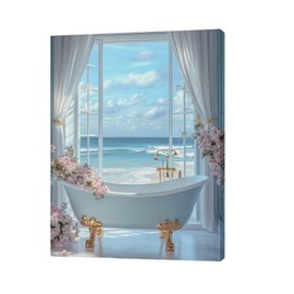 Beach Bathroom Wall Art Ocean Coastal Wall Decor Blue Sea View Bathtub Flower Windows Pictures Canvas Print Painting Framed Artwork for Bathroom Toilet Restroom Home Decoration 12"x16"
