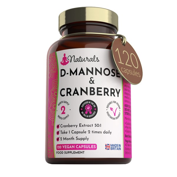 120 D-Mannose and Cranberry Capsules - (2 Months Supply) 1000mg D Mannose & Cranberry Extract Per Serving - UK Made Vegan Supplement (Not Tablets) - High Strength Natural UTI Support for Women & Men